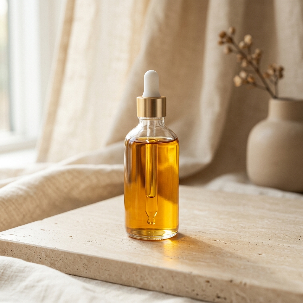 A botanical face oil with reflective highlights and premium editorial styling.