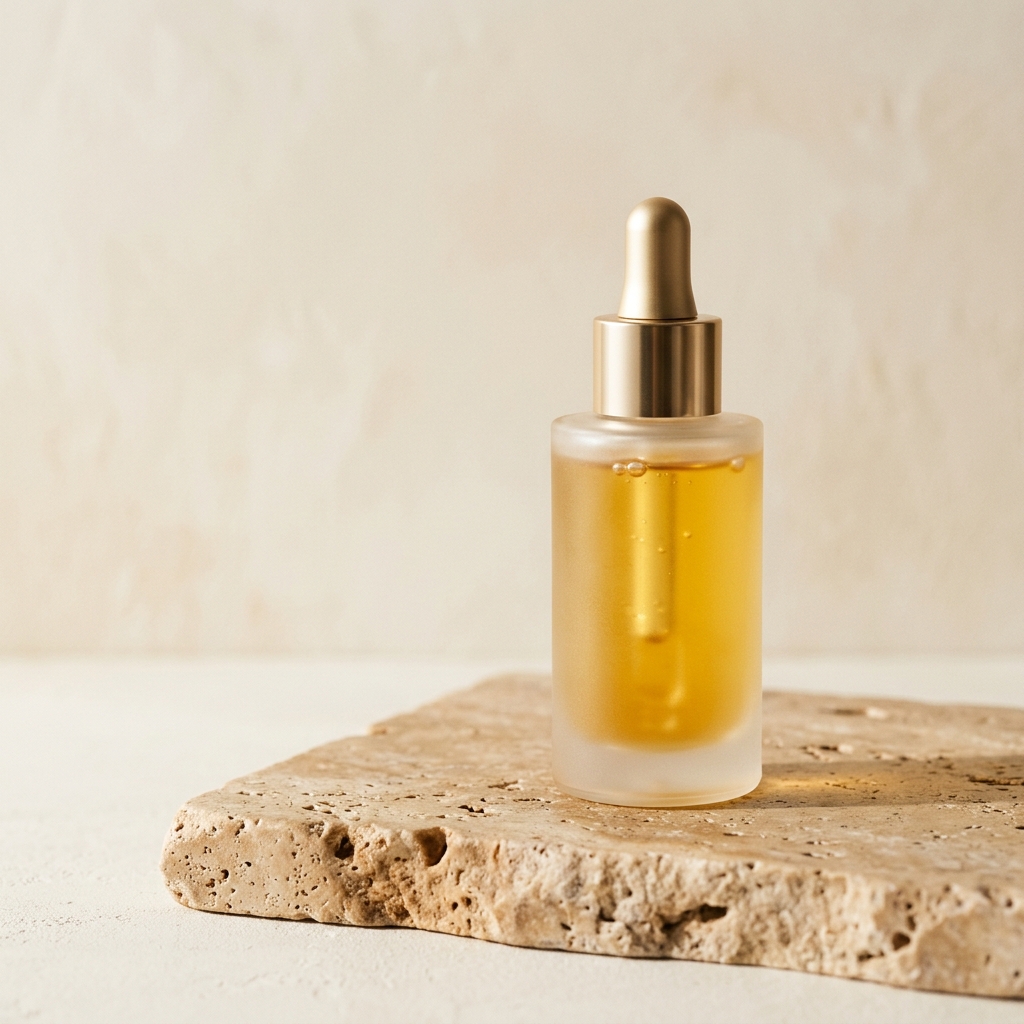 A serum bottle from the Morning Luminance Edit on a warm cream background.