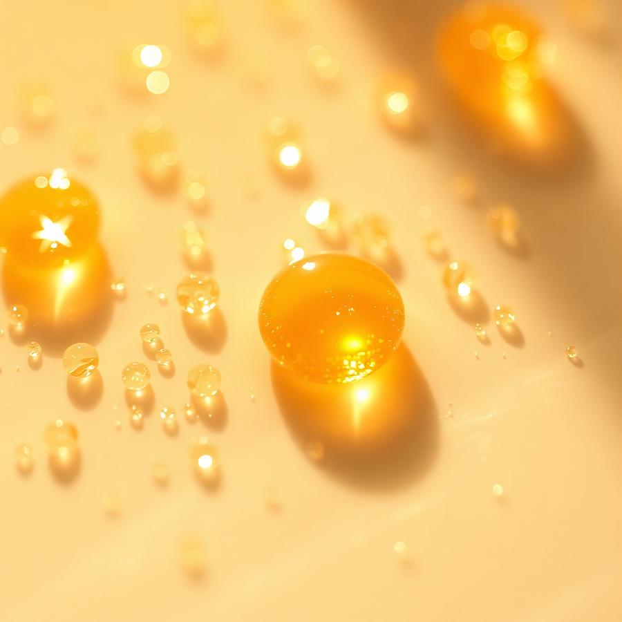 Glistening serum droplets in warm light